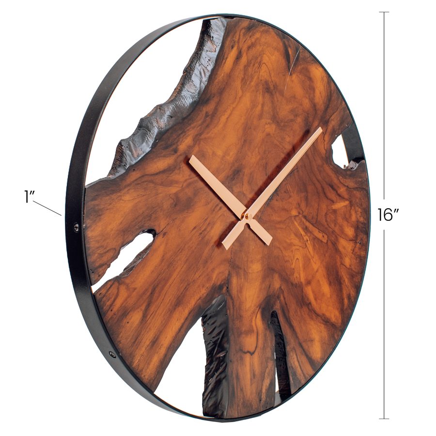 Dimension diagram of the teak wall clock: 16 inches across, 1 inch deep, in a steel ring
