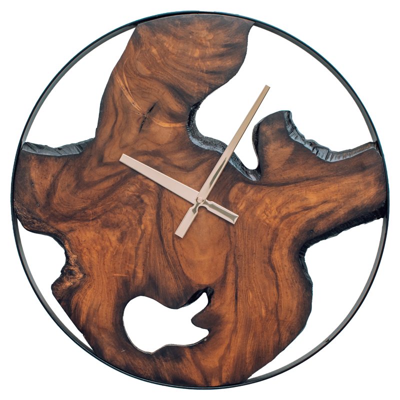 Teak wall clock with dramatic natural voids in a slim steel ring, shown front-on