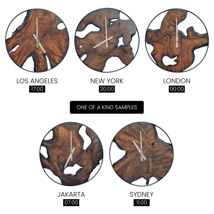 Five sample teak clock faces shown side by side, each cross-section completely different from the others