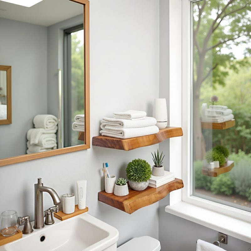 Two live edge suar wood shelves in a bright bathroom holding folded towels, succulents and a toothbrush cup beside the mirror