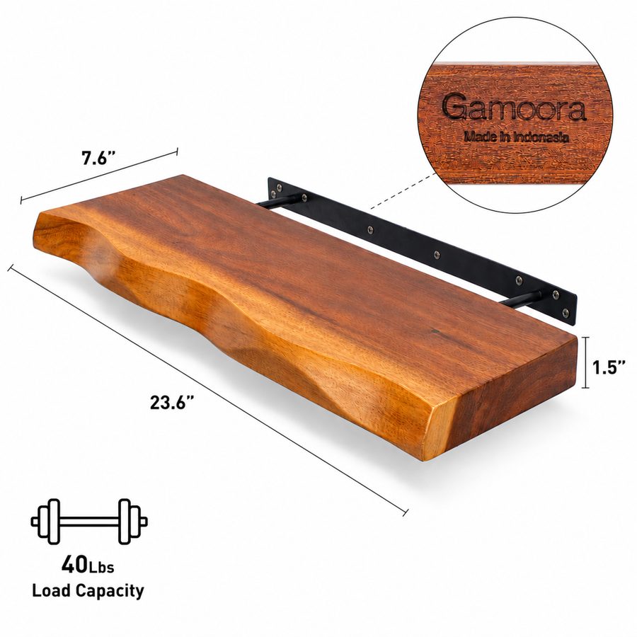 Dimension diagram of the suar shelf: 23.6 inches long, 7.6 inches deep, 1.5 inches thick, 40 pound load capacity, Gamoora Made in Indonesia stamp