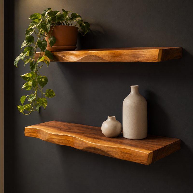 Live edge suar wood floating shelves on a charcoal wall styled as a plant shelf with trailing pothos and ceramic vases