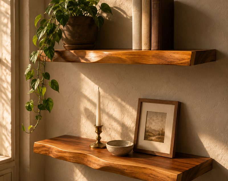 Sunlit living room wall with two styled suar shelves holding plants, books and a framed print
