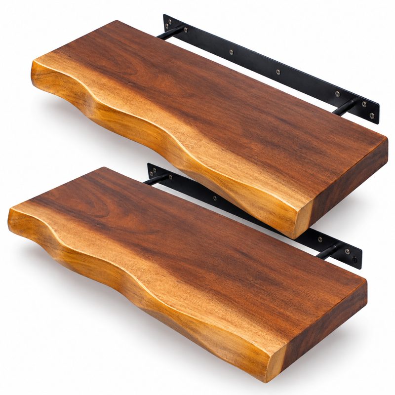 Set of two live edge suar wood floating shelves with hidden black steel brackets, ideal as a housewarming or wedding gift