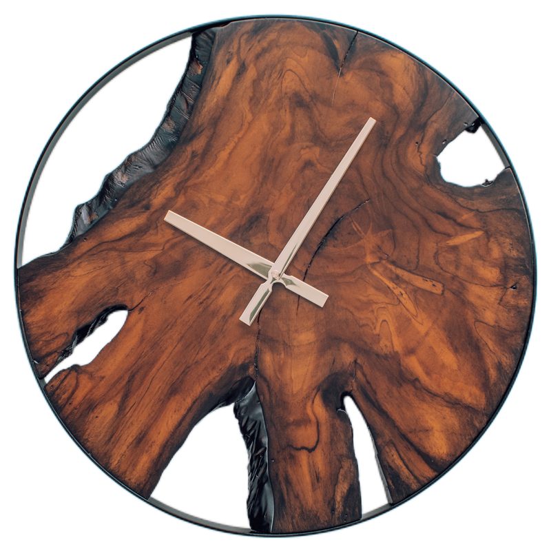 One-of-a-kind teak wall clock — a natural cross-section of solid teak in a slim black steel ring